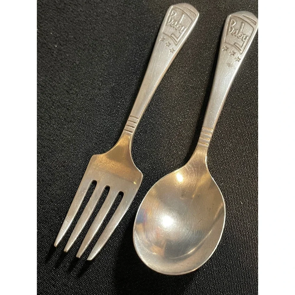 Oneida Community Tudor Plate Vintage Baby Fork and Spoon Set Silver Plated Stars